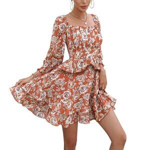 EXLURA  Floral Ruffle Sundress Tiered Square Neck Long Sleeve Off Shoulder Large